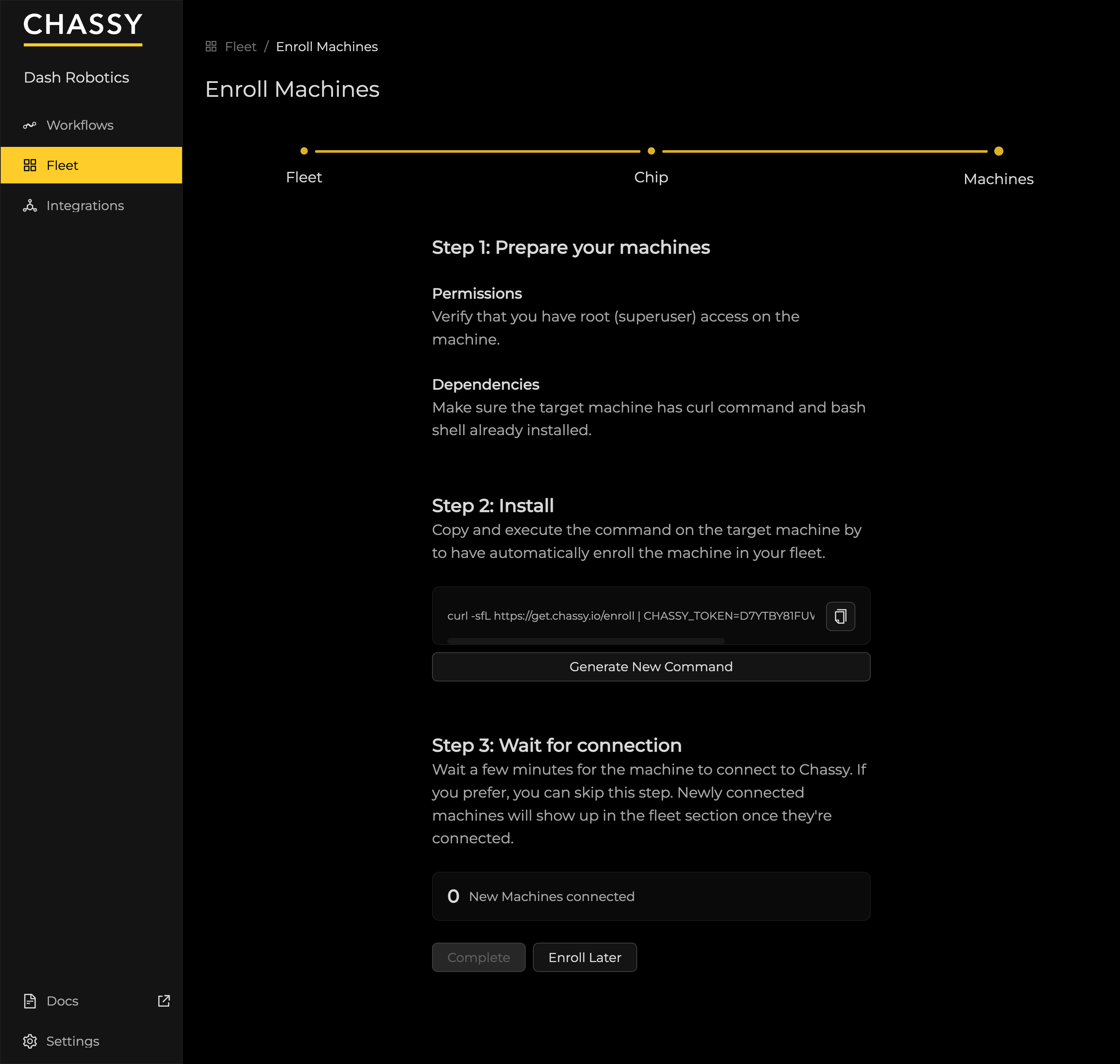 To add machines to your new fleet, you will have to prepare and install the command given on the screen.